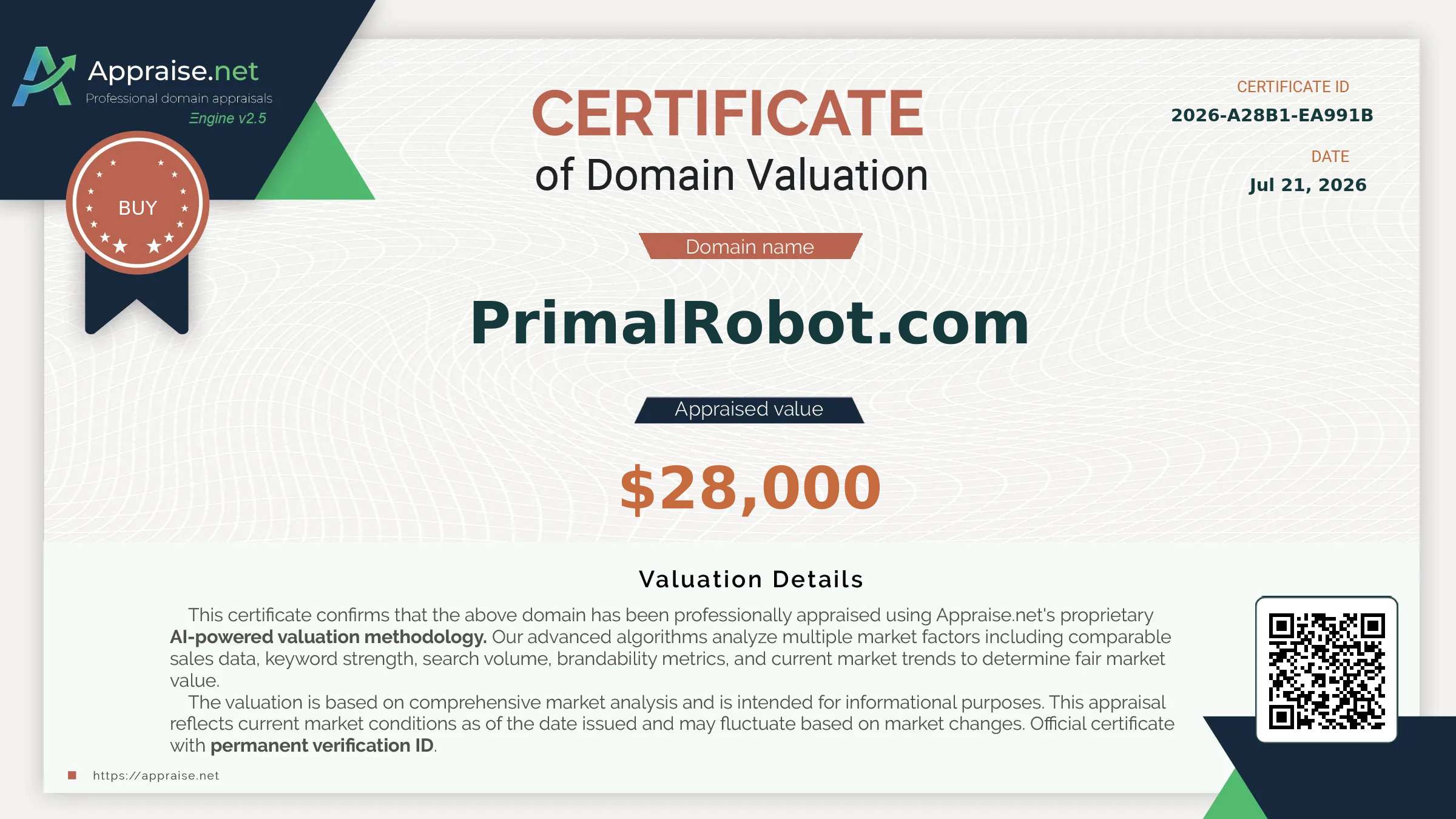 Appraise.net certificate for PrimalRobot.com